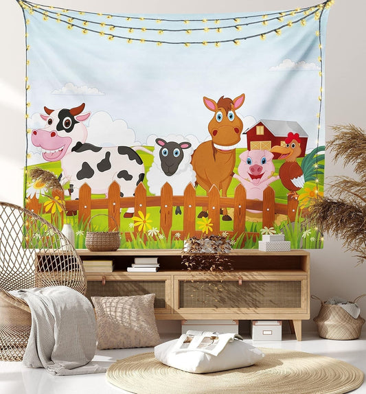 Animal Tapestry King Size, Farm Creatures Cow Horse Goat Pig and Chicken by the Fences Cartoon, Wall Hanging Bedspread Bed Cover Wall Decor, King Size, Pale Brown
