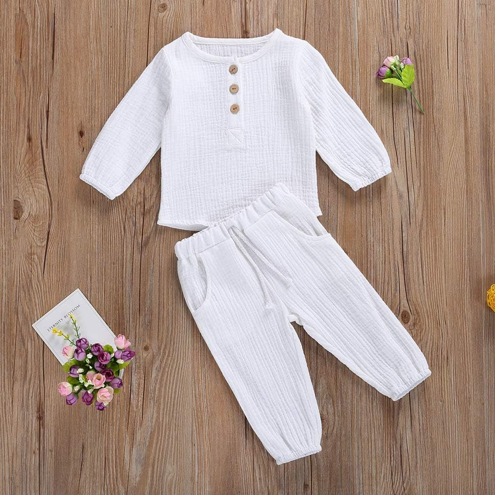 Toddler Baby Boy Girl Cotton Linen Pants Set Solid Long Sleeve T Shirt Top Drawstring Elastic Waist Pants Outfit