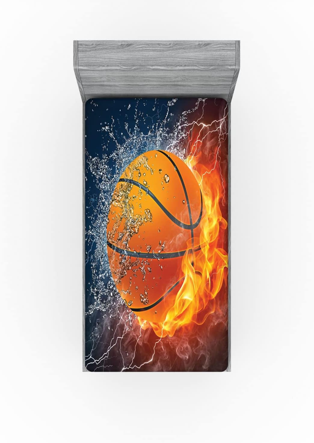 Sports Fitted Sheet, Basketball Ball and Water Splashing Thunder Lightning Themed Design, Bed Cover with All-Round Elastic Deep Pocket for Comfort, Twin Size, Dark Blue and Burgundy