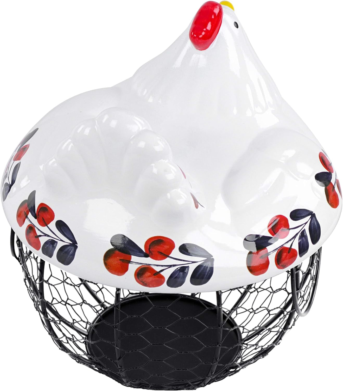 Chicken Egg Basket in Navy and Red Design Ceramic Chicken Shaped Lid with round Wire Basket Base and Handles