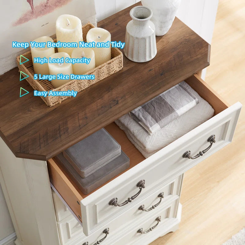 Theron Farmhouse 5 Drawer Bedroom Dresser, Wood Tall Chest of Drawers, Closet Storage for Bedroom
