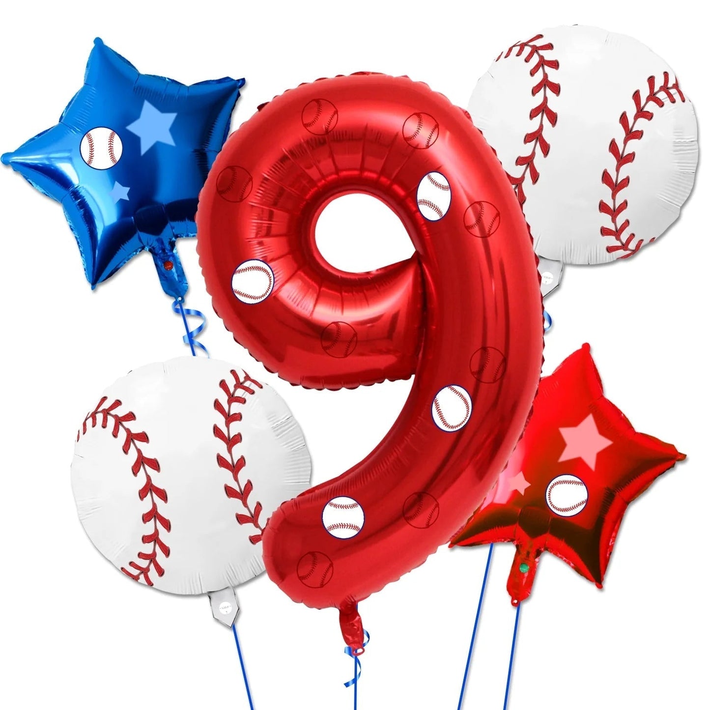 5 Pcs Baseball Balloons Set - Includes Baseball Foil Balloons, Number4 Balloon, Blue Red Star Balloons, Baseball Stickers for Baseball Party Supplies
