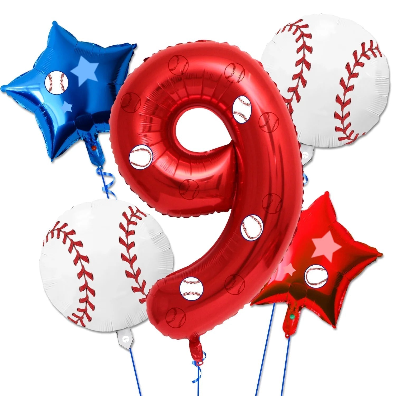 5 Pcs Baseball Balloons Set - Includes Baseball Foil Balloons, Number4 Balloon, Blue Red Star Balloons, Baseball Stickers for Baseball Party Supplies
