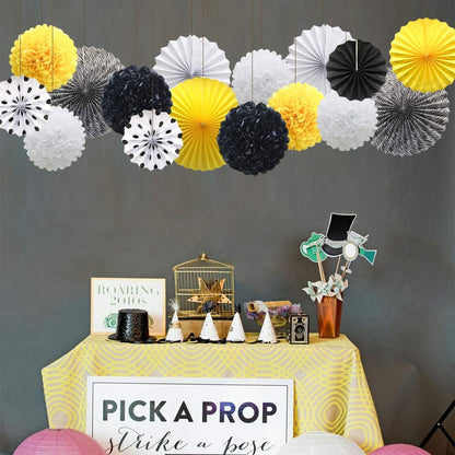 Yellow White Black Hanging Paper Party Decorations, round Paper Fans Set Paper Pom Poms Flowers for Bee Baby Shower Decorations Batman Birthday Party