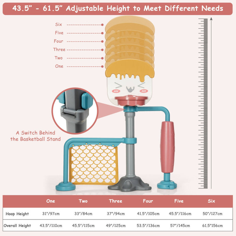 3-In-1 Height Adjustable Basketball Stand Set with Soccer and Roller