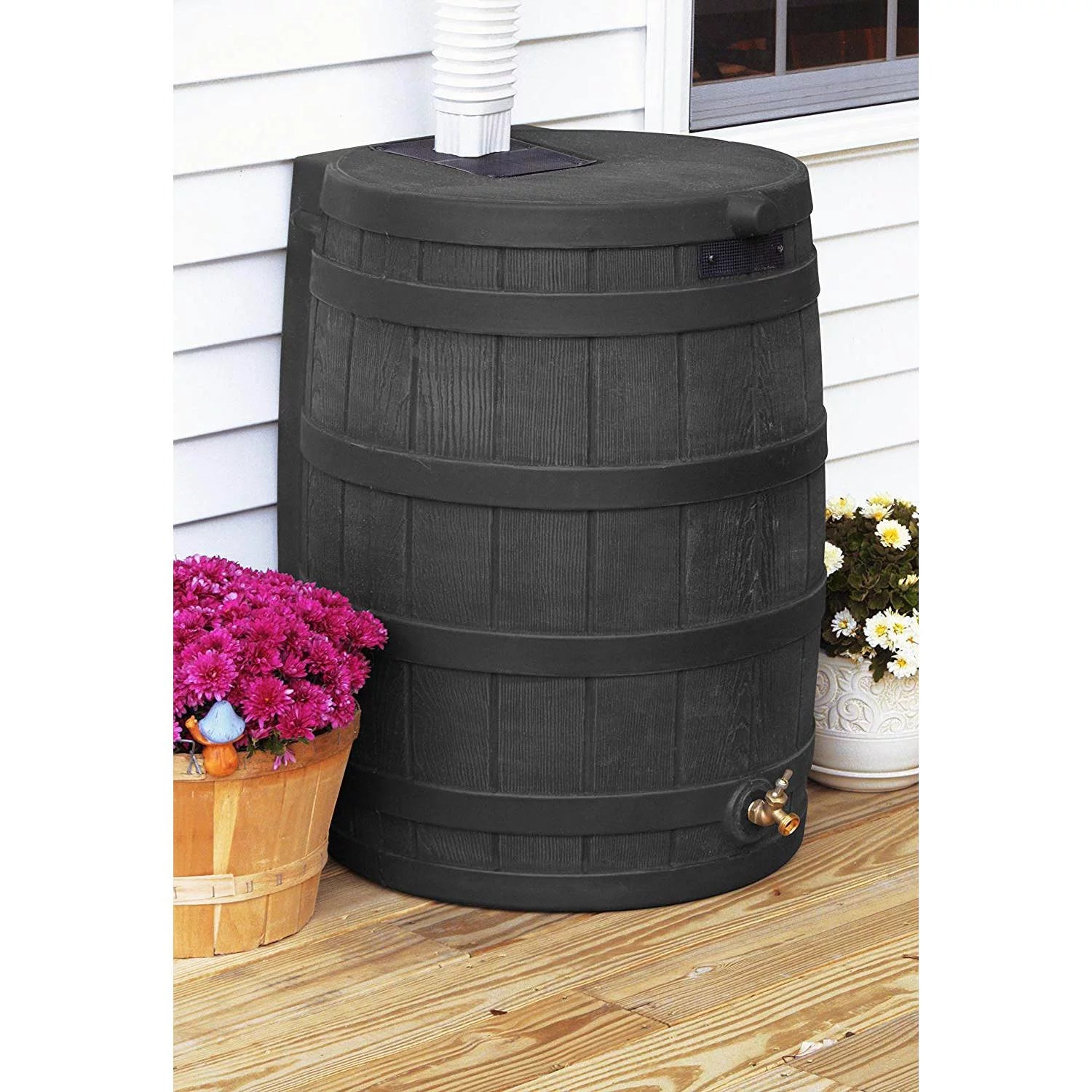 Rain Wizard 50 Gallon Plastic Rain Barrel Water Collector, Black