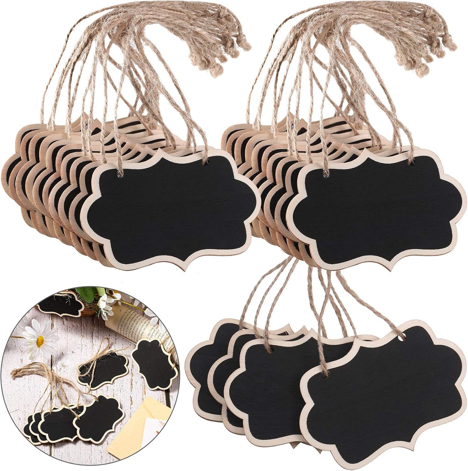 Black Chalkboard Tags Hanging Wooden Chalkboard Signs 3.35 X 2.36 Inch Mini Wood Chalkboard Labels Hanging Blackboard Tags Massage Board Signs (12 Pieces)