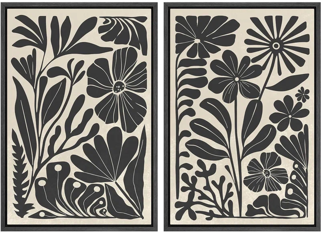 Abstract Botanical " Unique Black and White Floral Modern Boho Framed Canvas Print 2 Pieces Wall Art