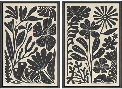 Abstract Botanical " Unique Black and White Floral Modern Boho Framed Canvas Print 2 Pieces Wall Art