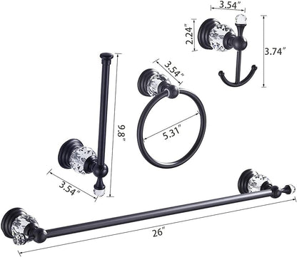 Crystal Bathroom Hardware, Matte Black Bathroom Accessories Set Towel Bar Toilet Paper Holder Towel Ring Coat Hooks 4 Pieces