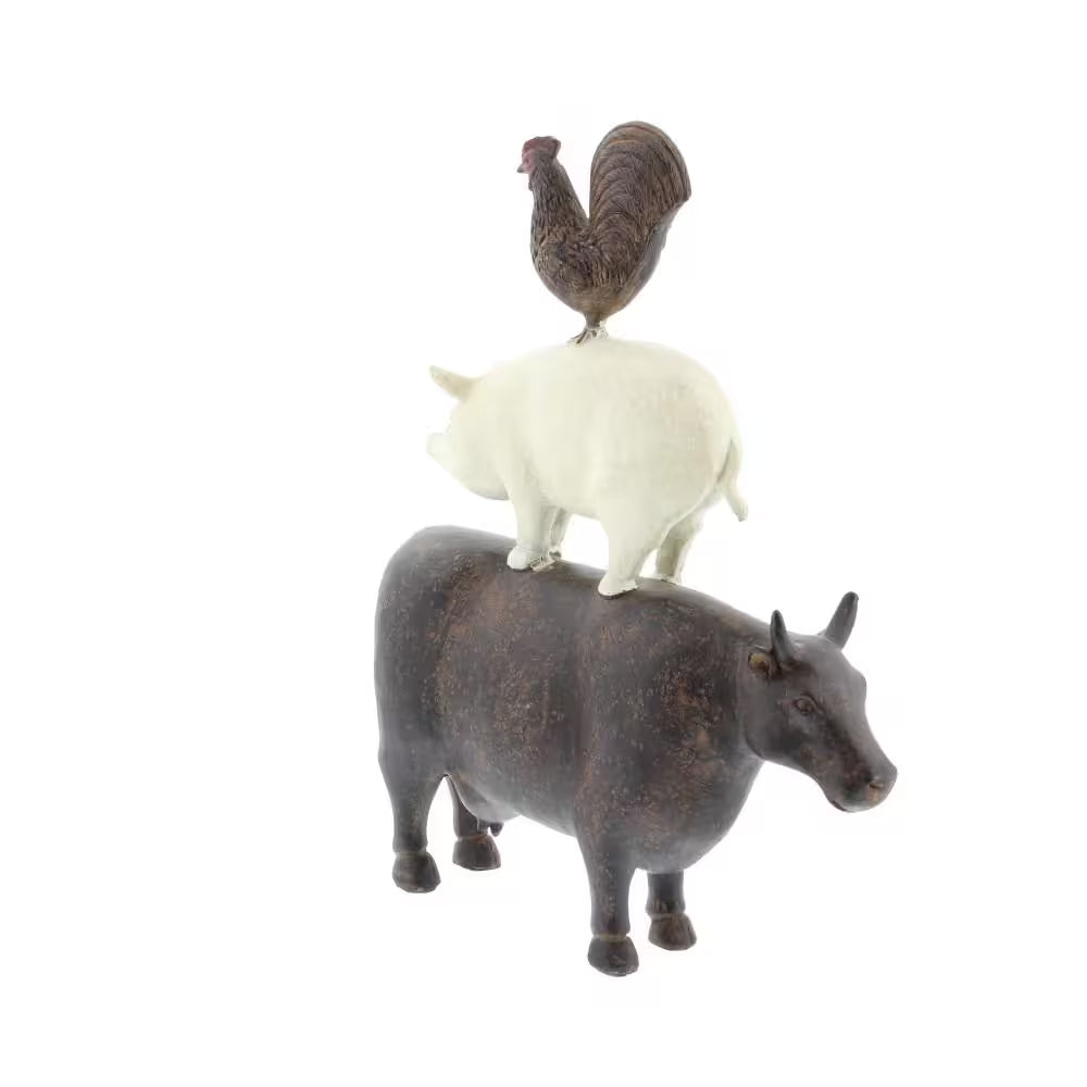 3 In. X 14 In. Brown Polystone Stacked Farm Animals Sculpture
