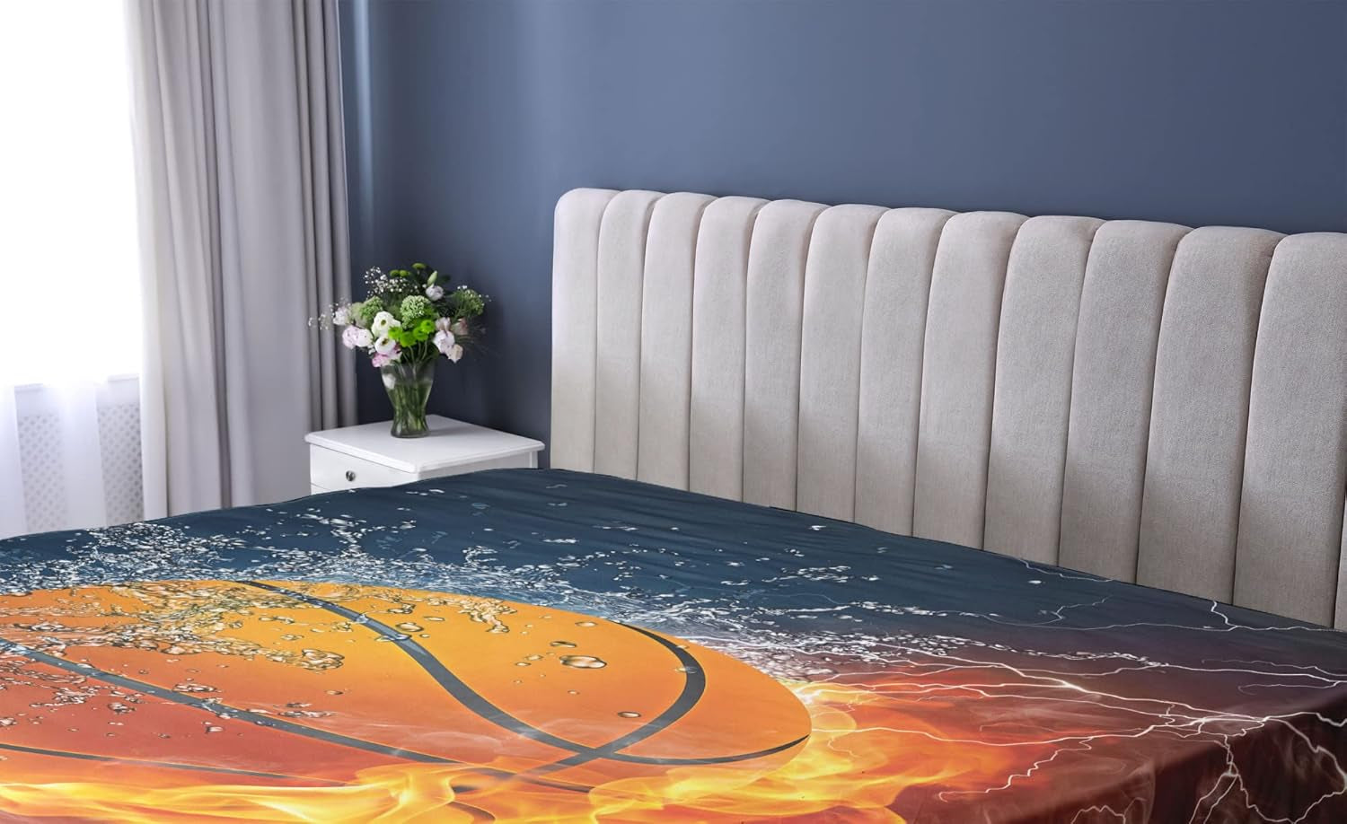 Sports Fitted Sheet, Basketball Ball and Water Splashing Thunder Lightning Themed Design, Bed Cover with All-Round Elastic Deep Pocket for Comfort, Twin Size, Dark Blue and Burgundy