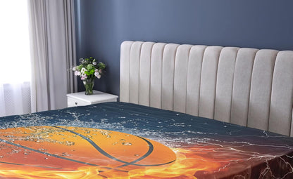 Sports Fitted Sheet, Basketball Ball and Water Splashing Thunder Lightning Themed Design, Bed Cover with All-Round Elastic Deep Pocket for Comfort, Twin Size, Dark Blue and Burgundy