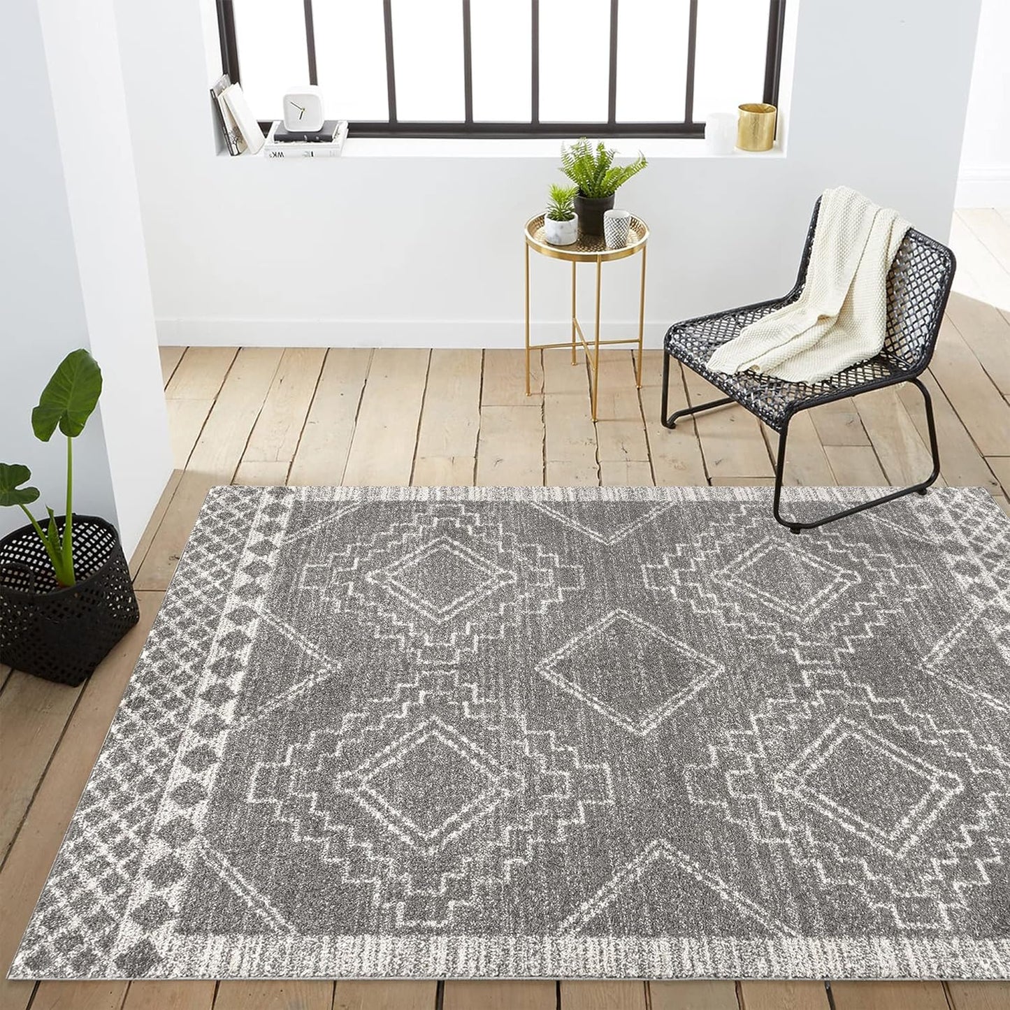 MOH200C-4 Amir Moroccan Beni Souk Indoor -Area Rug Bohemian Farmhouse Rustic Geometric Easy-Cleaning Bedroom Kitchen Living Room Non Shedding, 4 X 6, Gray,Cream