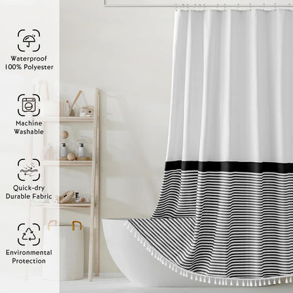 Farmhouse Shower Curtain Tassel，96 Inch Extra Long Black White Striped Bathroom Shower Curtain，72 X 96