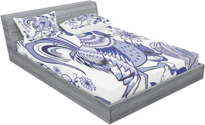 Gallus Fitted Sheet & Pillow Sham Set, Floral Pattern with Flowers and Birds Feathers Wings Leaf Ornament Folk Art, Decorative Printed 3 Piece Bedding Decor Set, Queen, Violet Blue White