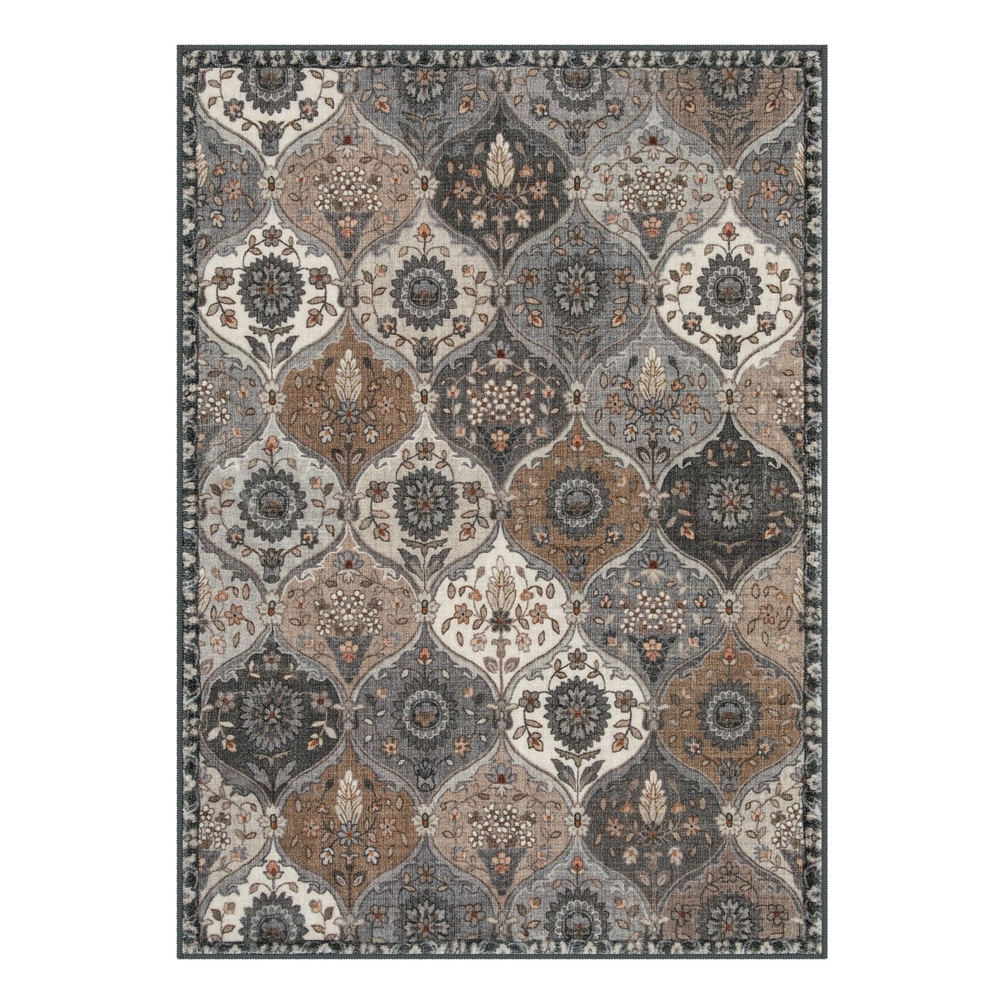 5'X7' Area Rug for Living Room Non-Slip Moroccan Indoor Washable Rug Ultra-Thin Foldable Soft Carpet Floral Accent Throw Rug for Kitchen Entryway Bathroom Bedroom Office Carpet,Grey