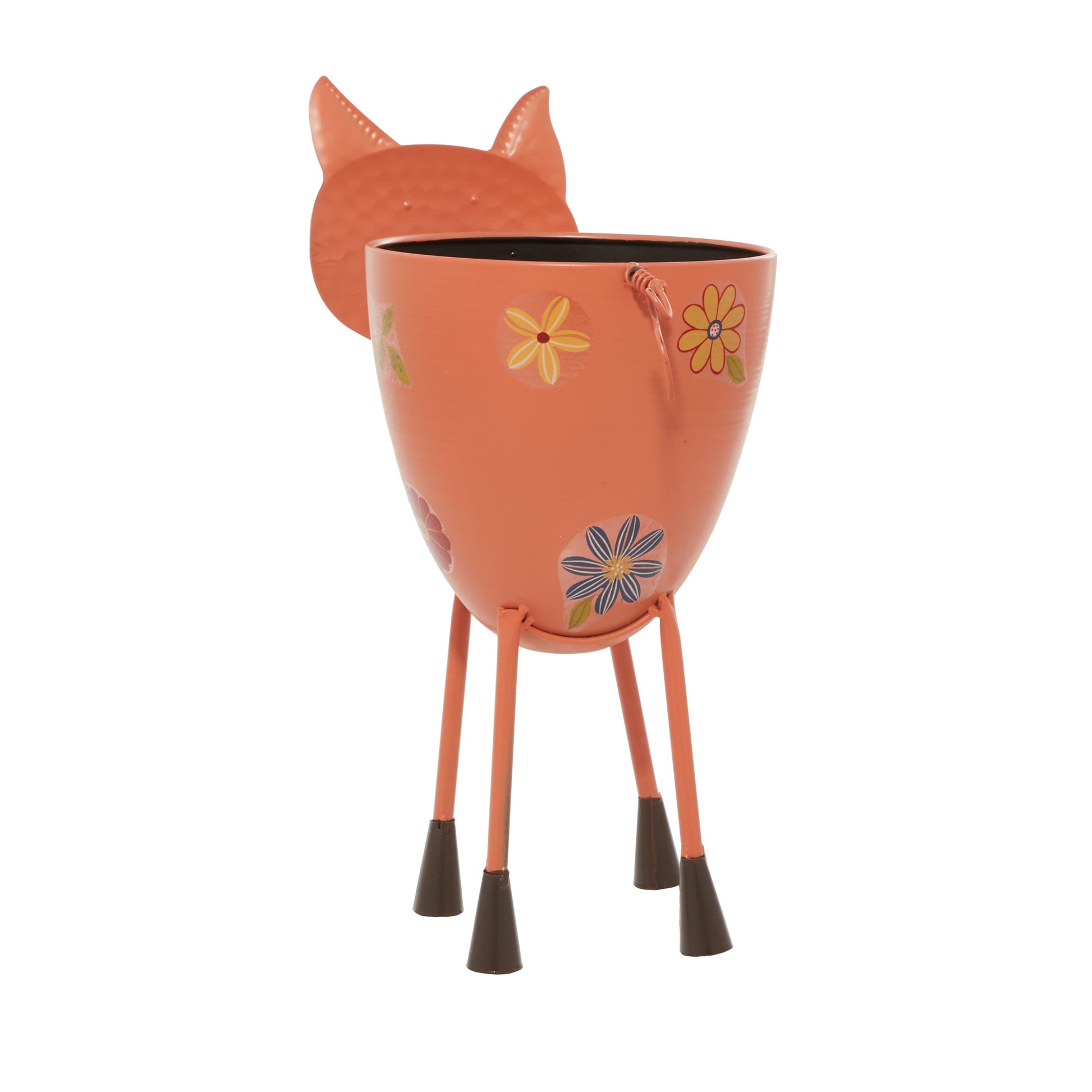 8" X 16" Indoor Outdoor Pink Metal Pig Planter with Floral Pattern Planter