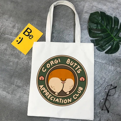 Corgi Dog Cartoon Funny Shopping Bag Graphic Tote Handbag Harajuku Shopper Bag for Women Eco Large-Capacity Female Shoulder Bag