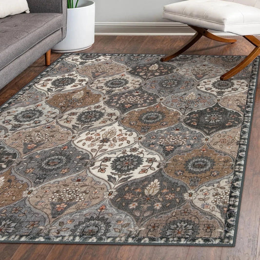 5'X7' Area Rug for Living Room Non-Slip Moroccan Indoor Washable Rug Ultra-Thin Foldable Soft Carpet Floral Accent Throw Rug for Kitchen Entryway Bathroom Bedroom Office Carpet,Grey