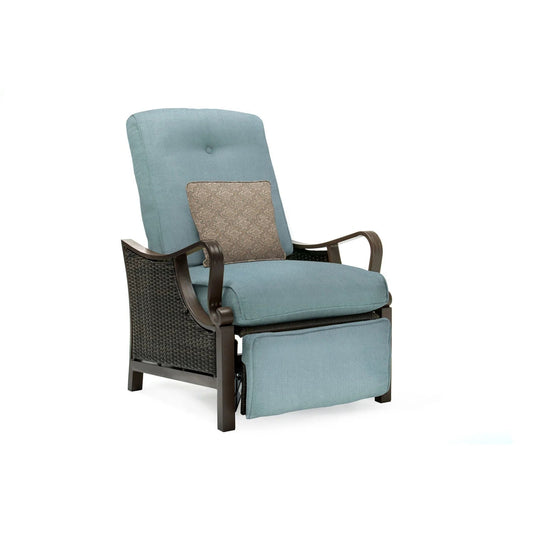 Ventura Steel Outdoor Patio Woven Luxury Recliner with Brown Wicker, Ocean Blue Cushions and Pillow, VENTURAREC-BLU