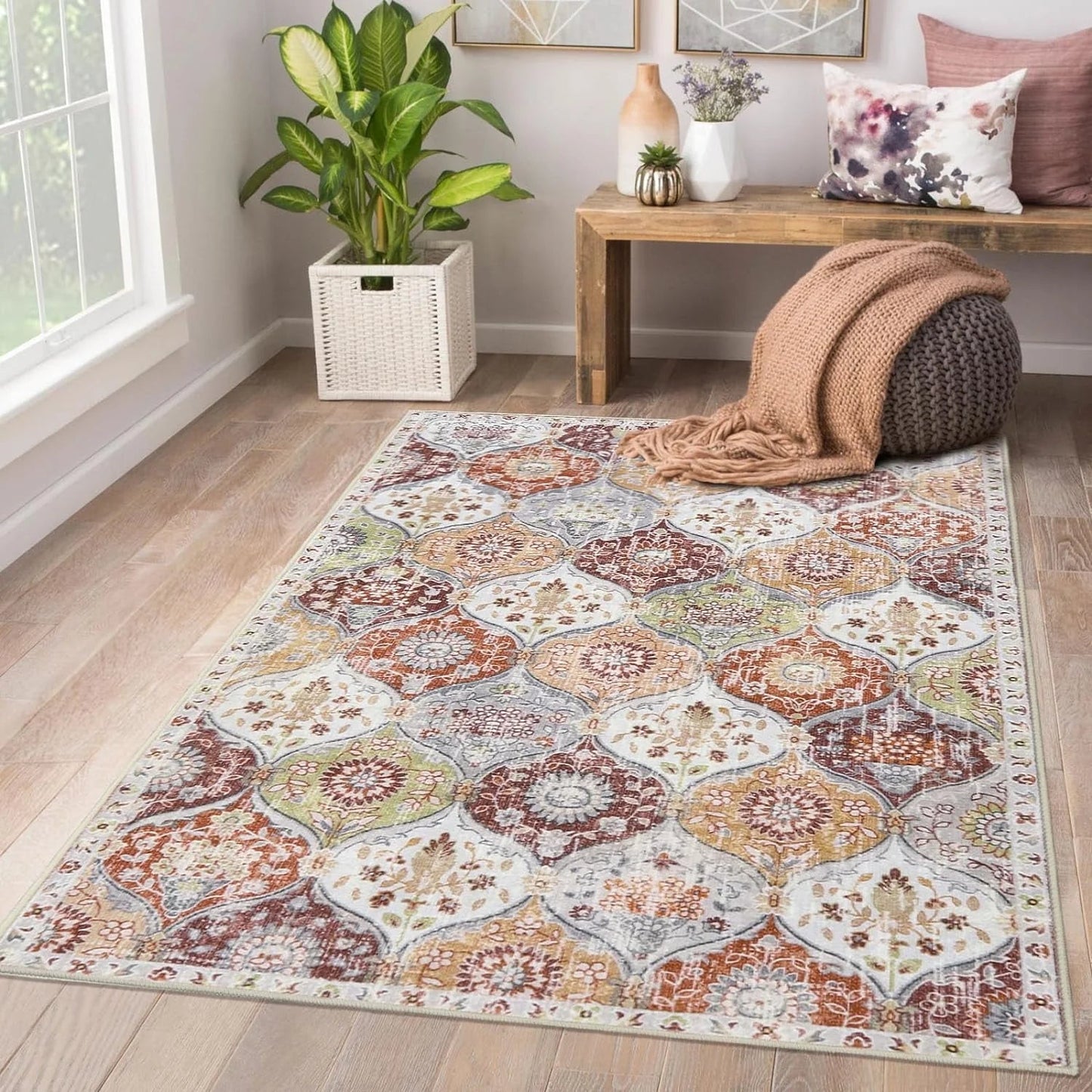 5'X7' Area Rug for Living Room Non-Slip Moroccan Indoor Washable Rug Ultra-Thin Foldable Soft Carpet Floral Accent Throw Rug for Kitchen Entryway Bathroom Bedroom Office Carpet,Grey