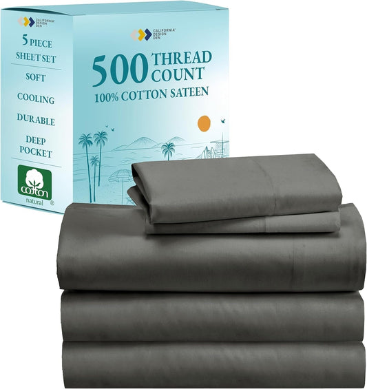 Grey Sheet Set Split-King - 500 Thread Count 100% Pure Cotton, Sateen Weave, Breathable Sheet Set, Luxury Sheets for Adjustable Bed Split King, 100% Cotton