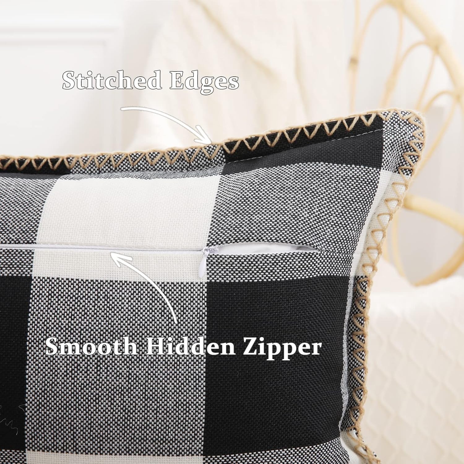 Buffalo Plaid Check Spring Throw Pillow Covers 20X20 Set of 2, Outdoor Decorative Farmhouse Pillow Covers with Stitched Edge for Bed Couch Sofa, Black and White