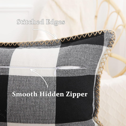 Buffalo Plaid Check Spring Throw Pillow Covers 20X20 Set of 2, Outdoor Decorative Farmhouse Pillow Covers with Stitched Edge for Bed Couch Sofa, Black and White