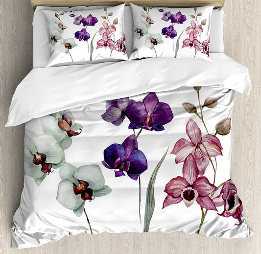 Watercolor Flower Duvet Cover Set, Different Orchid Flowers on Clear Background Exotic Blooms, Decorative 3 Piece Bedding Set with 2 Pillow Shams, King Size, Rose Purple