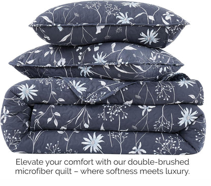 Oversized Queen Size Quilt Bedding Set, All Season Lightweight Bedspread, Boho Coverlet Full Size, Floral Bedding 3-Piece Set with Two Matching Shams, Full/Queen, Blue