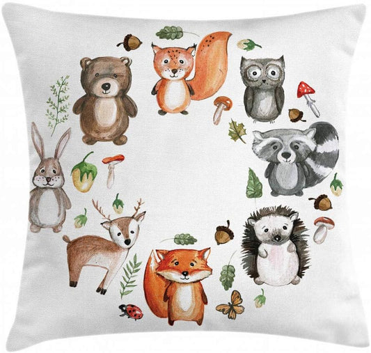 Woodland Throw Pillow Cushion Cover, Animals of the Forest with Mushrooms Acorns Circular Frame Cartoon Pastel Colors, Decorative Square Accent Pillow Case, 16" X 16", Pale Orange