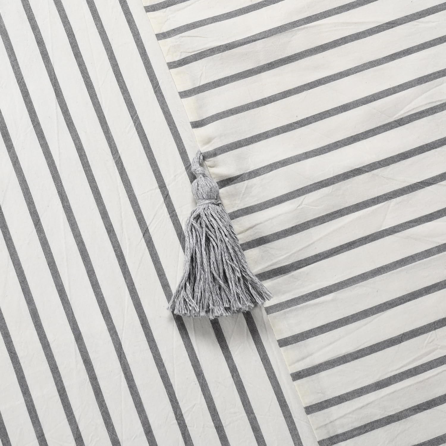 Gray and Beige Stripe Patchwork Cotton Fabric Tassel Shower Curtain for Bathroom,Farmhouse,Country Rustic and Cute Style,72 X 72 In