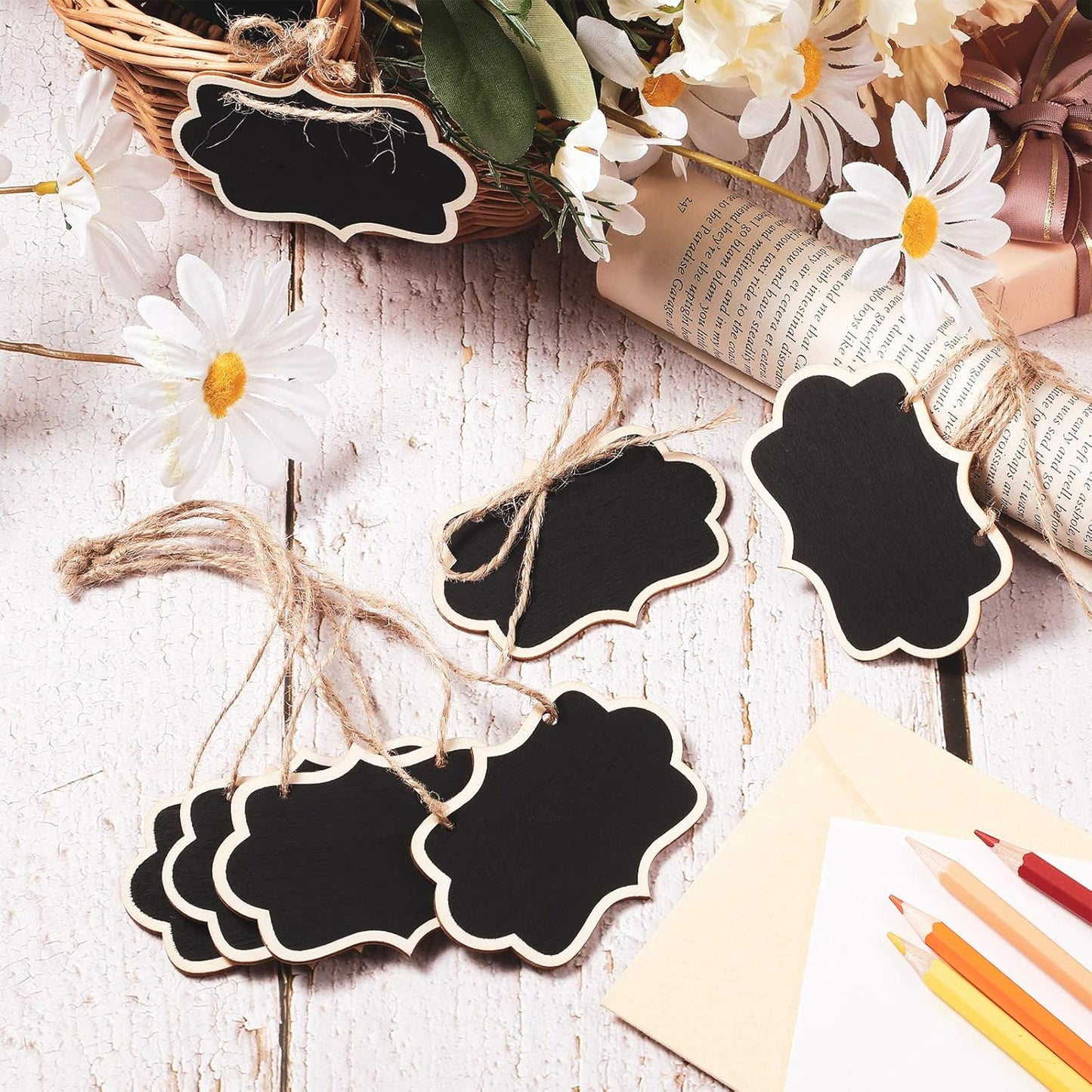 Black Chalkboard Tags Hanging Wooden Chalkboard Signs 3.35 X 2.36 Inch Mini Wood Chalkboard Labels Hanging Blackboard Tags Massage Board Signs (12 Pieces)