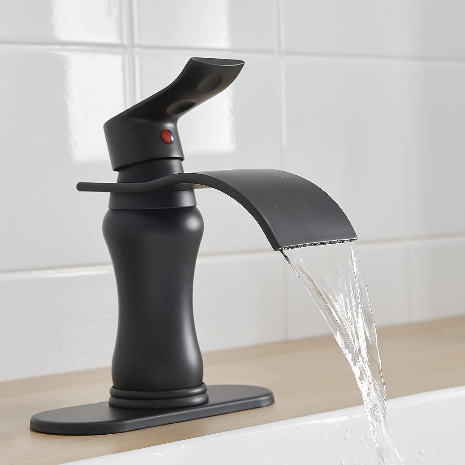 Black Bathroom Faucet Waterfall Sink Bath Faucets Parts Flat Spout Pop up Drain Stopper Matte Black Farmhouse Vanity Commercial Single Handle Single Hole Lavatory Supply Hose Lead-Free by
