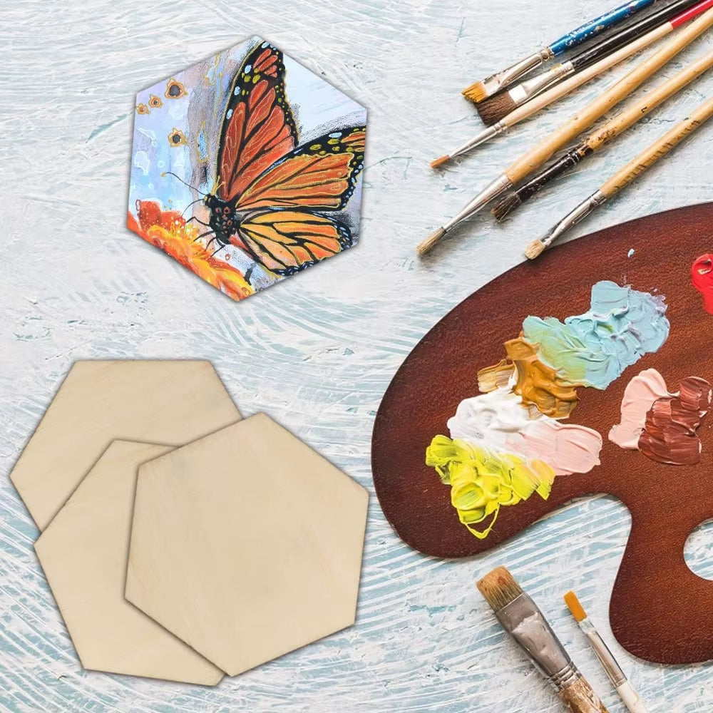 50Pcs/100Pcs Unfinished Wood Hexagon Pieces for DIY Crafts, 2.5Mm Wood Slice Cutouts Hexagon Blank Wooden Coasters Crafts