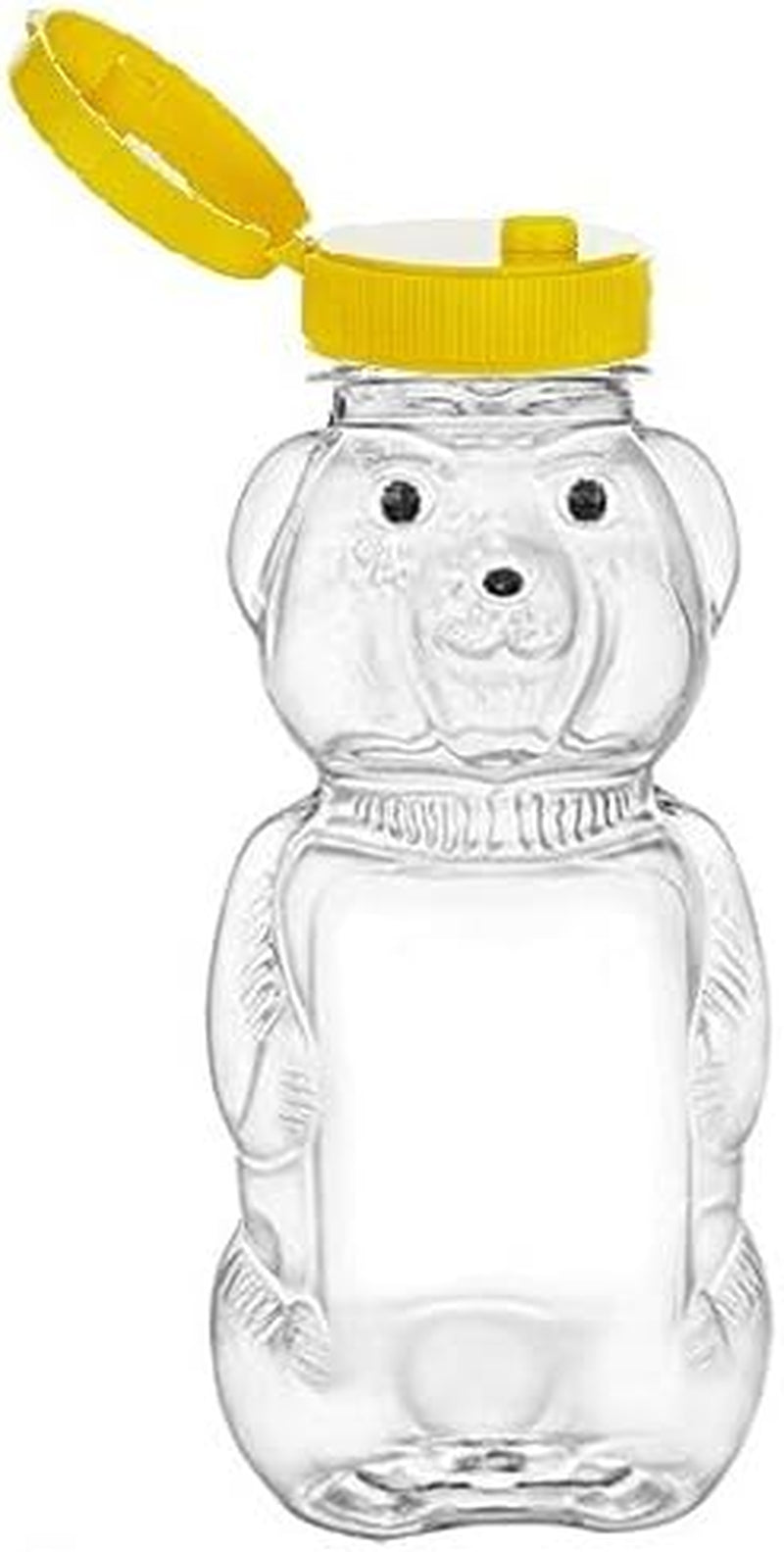 18 Pack 8 Fl Oz Plastic PET Honey Bear Jars, Squeeze Bottles with Yellow Flip-Top Dispenser Caps W/Seals - Holds 12 Oz Honey by Weight - BPA Free, Refillable and Made in USA