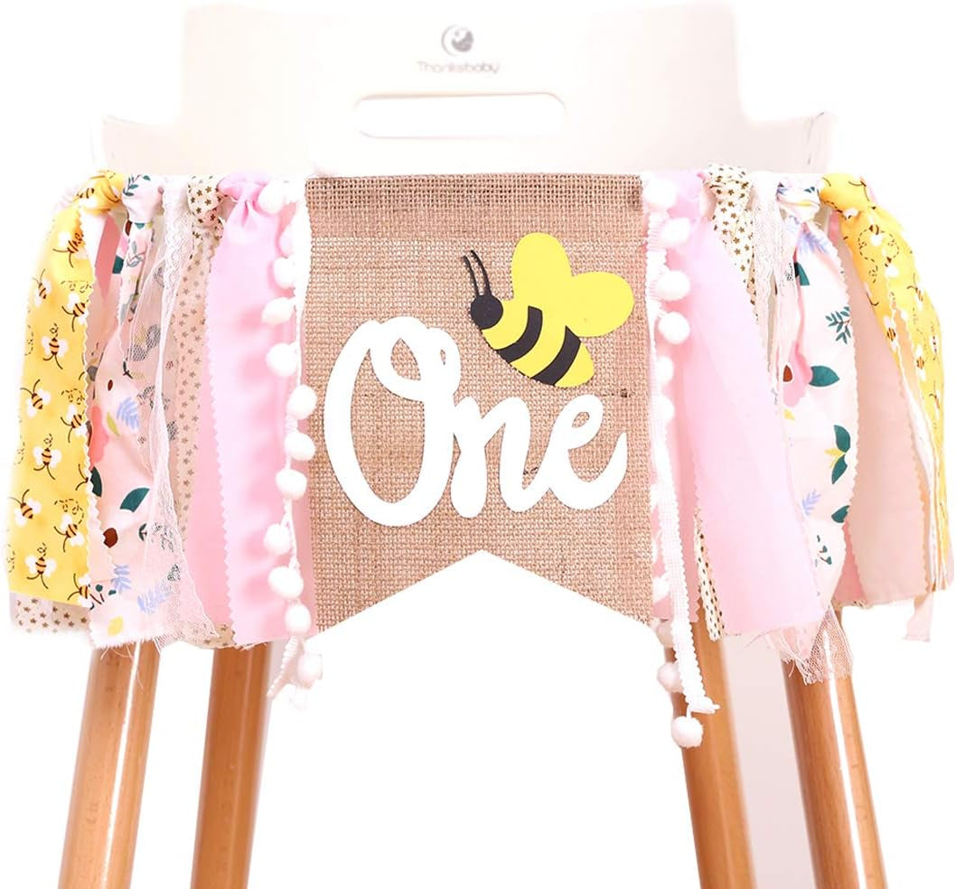1St Happy Birthday Banner - Highchair Banner Tassels for Girl&Boy Birthday Party Decoration,Baby Birthday Photo Props Party Supplies(Bee)