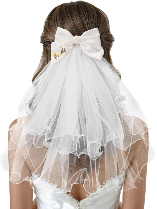 Bridal Hair Bow Veil White Bow Clip Bachelorette Party Decorations Pearl Accessories Bride to Be Bridal Shower Gift