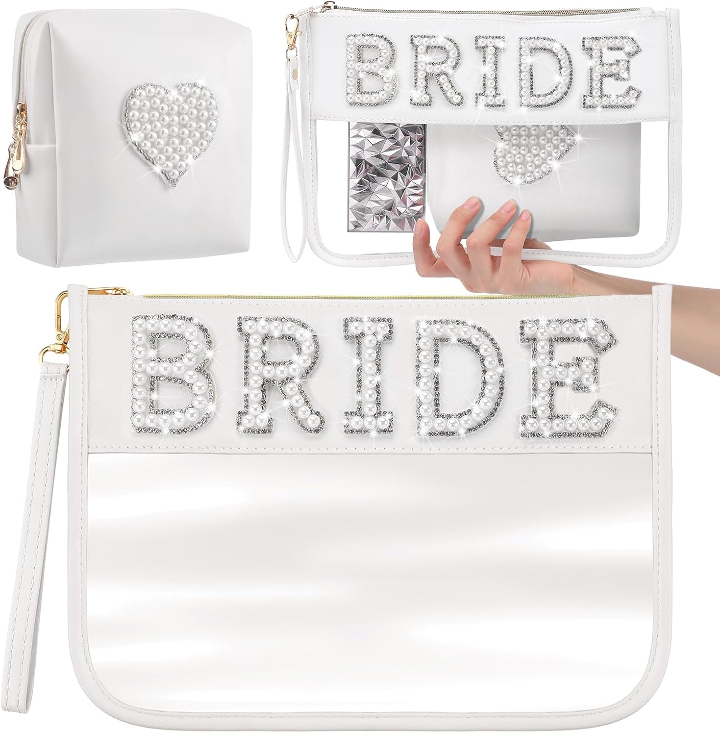 2 Pcs Bride Bag Makeup Bag Bride Gift Cosmetic Bag Pearl Letter Bags Portable PU Leather Mrs Clear Waterproof Bling Travel Purse Zipper Pouch Handy Coin Purses for Women(Bride)