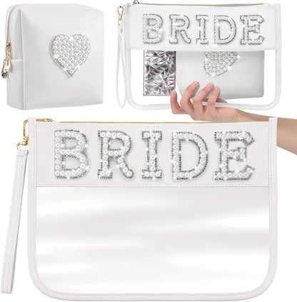 2 Pcs Bride Bag Makeup Bag Bride Gift Cosmetic Bag Pearl Letter Bags Portable PU Leather Mrs Clear Waterproof Bling Travel Purse Zipper Pouch Handy Coin Purses for Women(Bride)