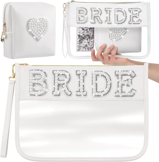2 Pcs Bride Bag Makeup Bag Bride Gift Cosmetic Bag Pearl Letter Bags Portable PU Leather Mrs Clear Waterproof Bling Travel Purse Zipper Pouch Handy Coin Purses for Women(Bride)
