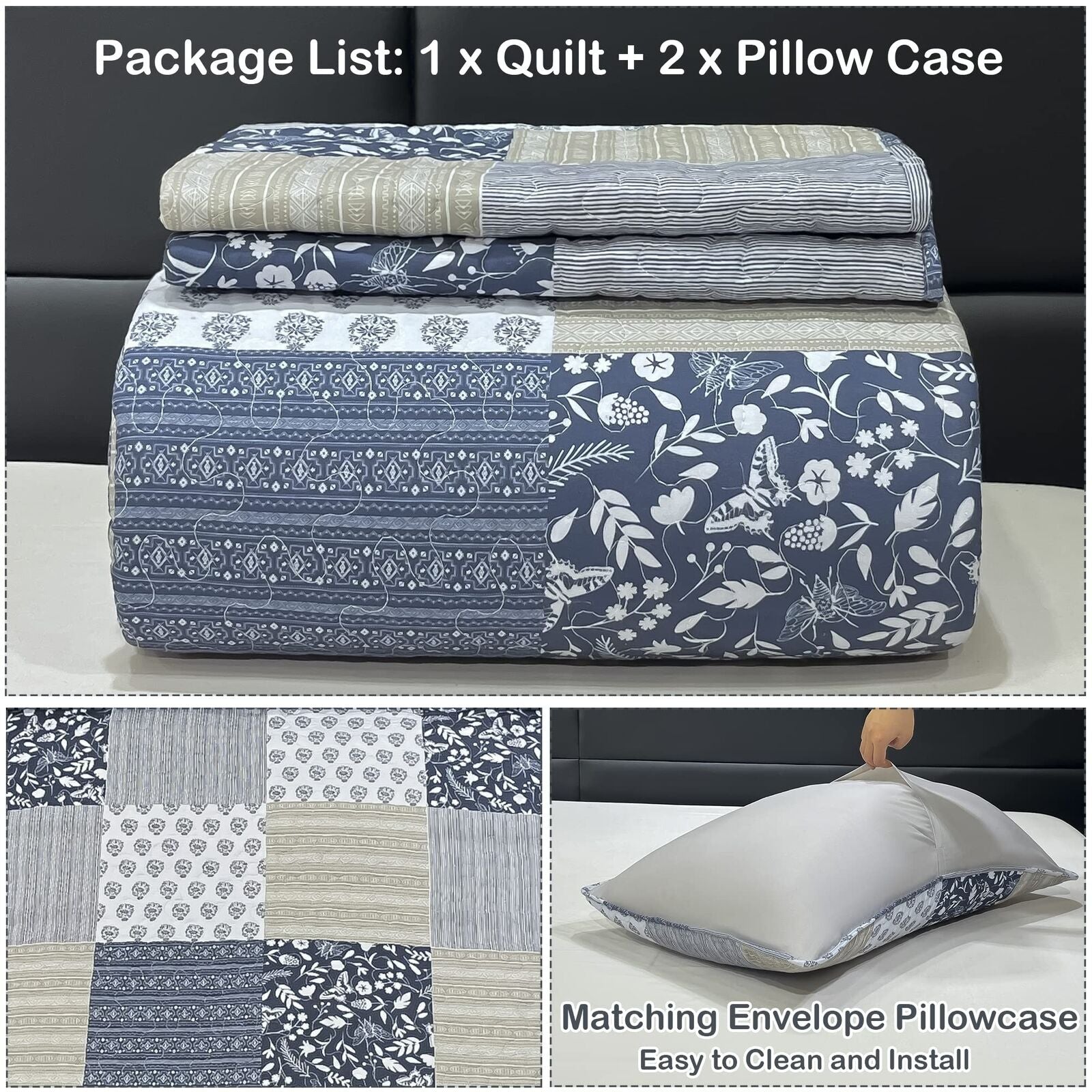 Oversized King Size Quilt Set 128X120 Grey Plaid Patchwork Extra Wide Super K...
