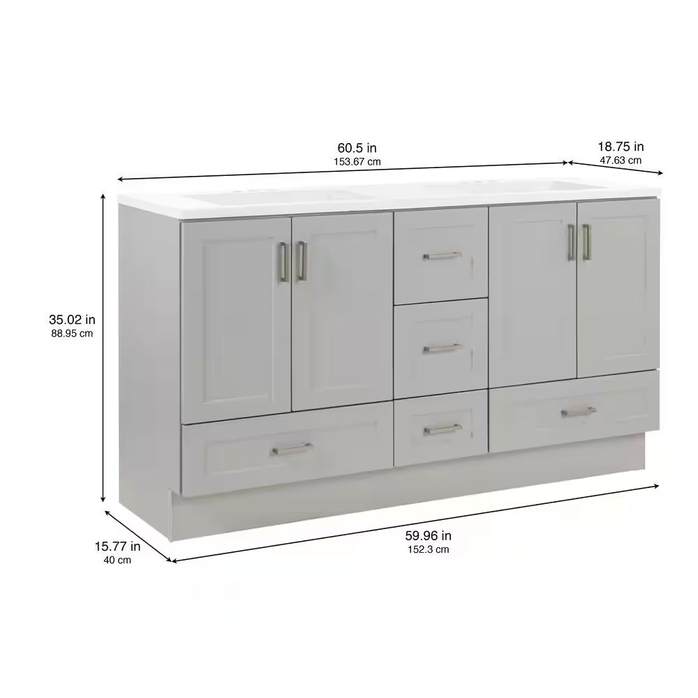 Maybell 61 In. Double Sink Pearl Gray Bath Vanity with White Cultured Marble Top (Assembled)