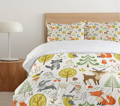 Animals Duvet Cover Set, Woodland Forest Animals Trees Birds Owls Fox Bunny Deer Raccoon Mushroom Print, Decorative 3 Piece Bedding Set with 2 Pillow Shams, King Size, Orange