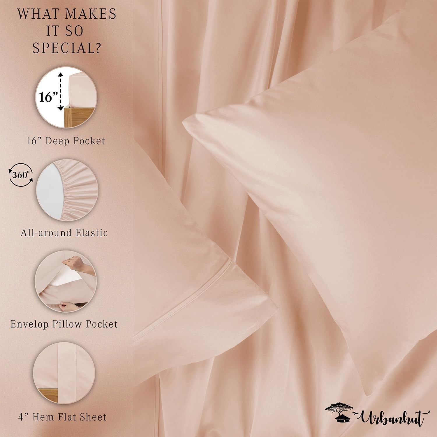 800 Thread Count Queen Size Egyptian Cotton Sheets Set, 4 Pc Bed Sheet Sets for Queen Size Bedding, Luxury Hotel Sheets Sateen Finish Fits 16" Deep Pocket - Blush Pink