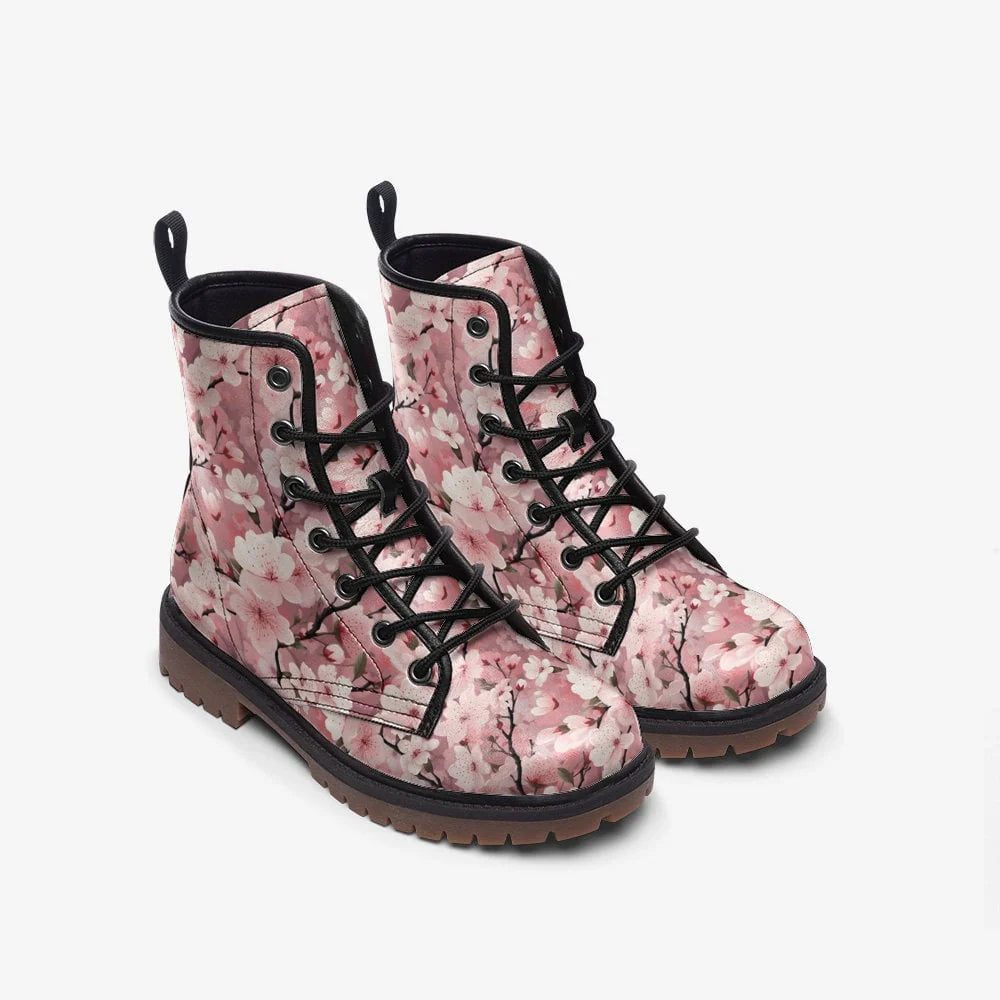 Emerald Blossoms - Pink Pastel Cherry Blossom Vegan Leather Festival Boots Combat Boots for Hippies
