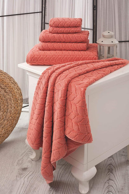 100% Turkish Cotton Jacquard Luxury Towel Set – Quick Dry Non-Gmo Ultra-Soft, Plush and Absorbent Luxury Durable Turkish Towels Set (Coral Red, 6 Pcs Towel Set)