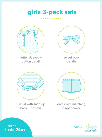 Baby Girls' 3-Pack Romper, Sunsuit and Dress