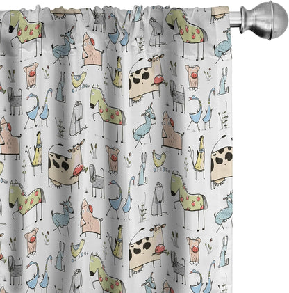 Animal Curtains, Cow Horse Pigs Chicken Sheep Farmhouse Mascots Cartoon Print, Window Treatments 2 Panel Set for Living Room Bedroom, Pair of - 28" X 63", Black